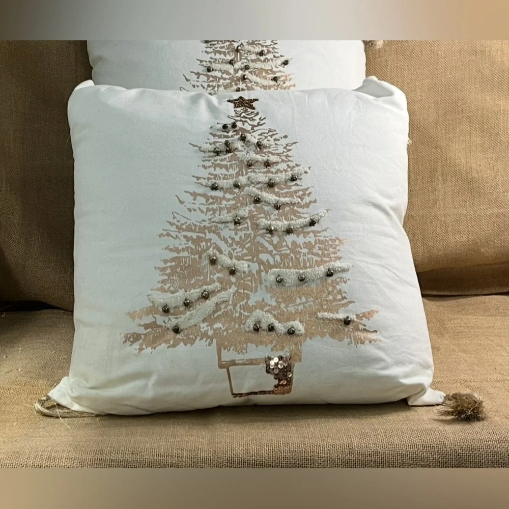 Set Of 2 Beautiful Embroidered Beaded Christmas Tree Pillows